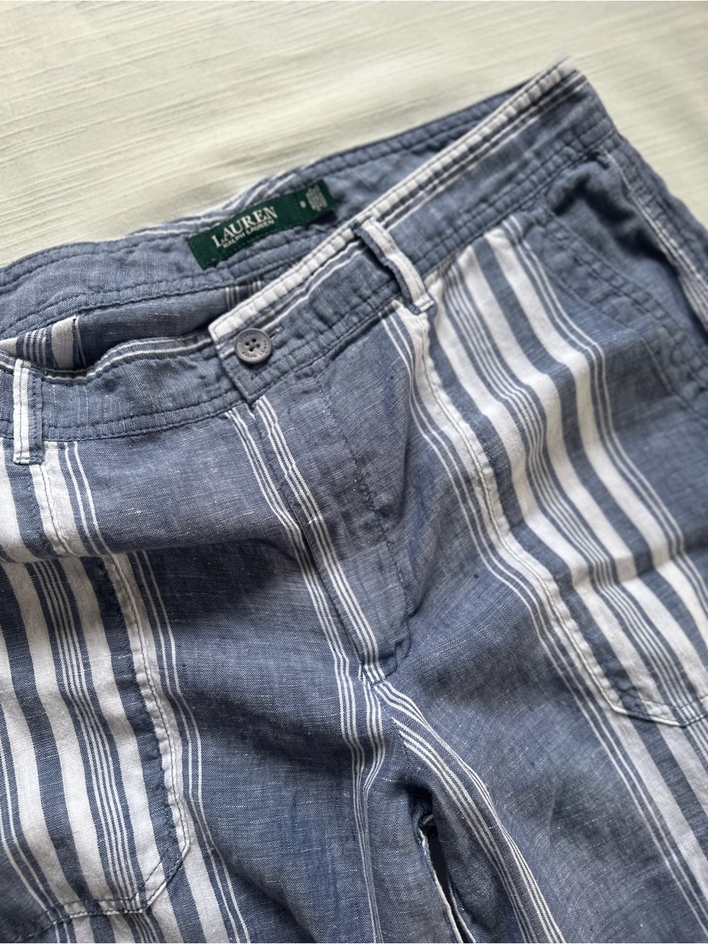 Lauren Ralph Lauren Blue Striped 100% Linen Crop Wide-Leg Pants | 8
